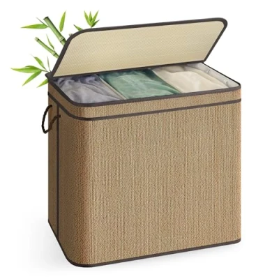 Bild av SONGMICS 3 facks tvättkorg, bambu 170 liter, avtagbar och maskintvättbar, med lock, handtag, för tvättstuga, sovrum, vardagsrum, brun LCB069K01