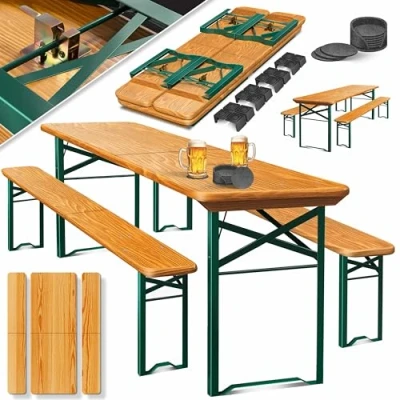 Bild av KESSER® Öltält set i 3 delar trädgårdsmöbelset vikbart 220 x 50 77 cm 2 ölbänkar 1 ölbord fixturset ståbord sitset trä 16 golvskyddsset