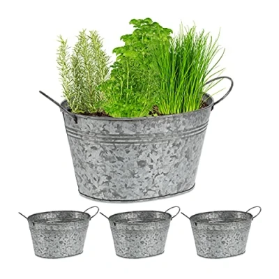 Bild av Relaxdays Zinkpanna set om 4, galvaniserat plåtbricka för trädgård, oval kruka, dekorativa badkar, H x B D: 15,5 29 17,5 cm, silver