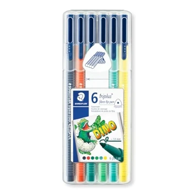Bild av STAEDTLER triplus fibre tip pen, Fasermaler mit Mix &amp; Match System, eindrucksichere Spitze, ergonomische Dreikantform, Box 6 Fasermalern in den Farben Dinosaurier, 323SB6CS10