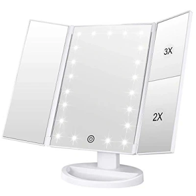 Bild av WEILY Sminkspegel, 1x/2x/3x, tredelad sminkspegel med 21 LED lampor och justerbar pekskärm, upplyst spegel, sminkbord, present för kvinnor (vit)