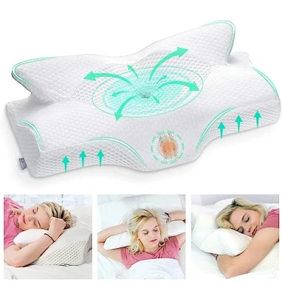 Bild av Elviros Cervical Contour Memory Foam Kudde för nacksmärta Ortopedisk nackkudde axelsmärta Ergonomiskt huvudstöd sido / rygg/abdominala, Med avtagbart kuddfodral (Vit)