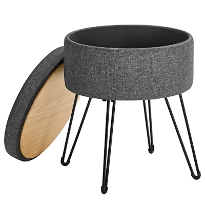 Bild av Songmics Sittpall, rund pall med förvaringsutrymme, förvaringslåda lock, 13,4 l, fotstöd, metallben, vadderad sits, för vardagsrum, sovrum, mörkgrå LOM002G02