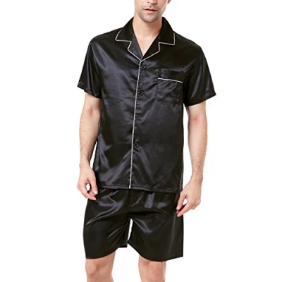 Bild av Kort satinpyjamas för män, kortärmad pyjamas set med shorts, Svart vitt rör, L