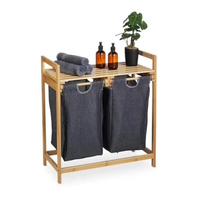 Bild av Relaxdays tvättkorg hylla, bambu, utdragbar, HBT: 73 x 64 33 cm, 2 fack &amp; 1 badrum, natur/grå, styck
