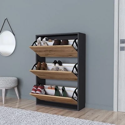 Bild av [en.casa] Skoskåp Aurskog skoförvaring för 18 par skobyrå med 3 tippdörrar entré, hall 110 x 73,5 24 cm antracit/ek