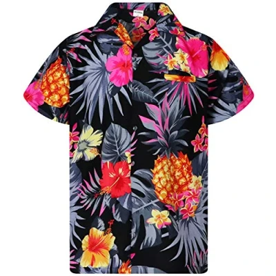 Bild av King Kameha Funky Hawaii skjorta för män, kortärmad, frontficka, tryck, ananas, palmer och blommor, Svart grå, 3XL
