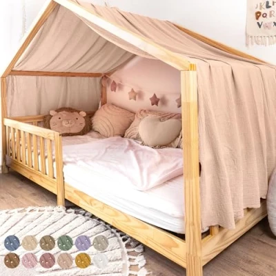 Bild av lilimaus Himmel/hussänggardin av 100 % bomull, handgjord chiffong, hemdekoration, för barn, flickor och pojkar, rosa beige