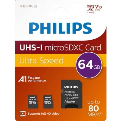 Bild av Philips Ultra Speed microSDXC kort 2x 64 GB + SD adapter UHS I U1, läshastighet upp till 80 MB/s, A1 Fast App Performance, V10, minneskort för smartphones, surfplattor, PC,Kortläsare,Full HD Video