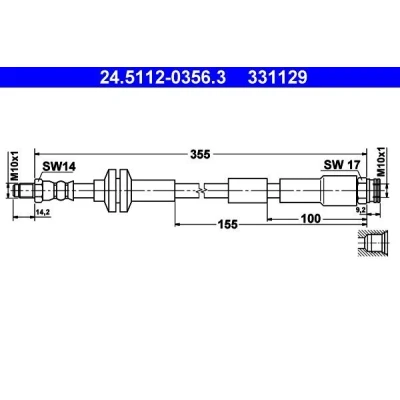 Bild av ATE 24.5112 0356.3 Flexible De Frein 355 M10x1 FIAT: 500 3 portes, C Cabriolet, FORD: KA 3/5 LANCIA: Ypsilon III