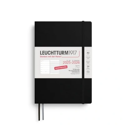 Bild av LEUCHTTURM1917 372621 veckokalender och anteckningsbok medium (A5) 2026, 18 månader 07.2025 12.2026, mjukt skydd, svart, tyska
