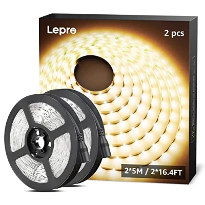 Bild av Lepro LED remsor 12V 5m självhäftande, remsa med 300 stycken 2835 lampor, 3000 Kelvin 1200 lumen varmvit DIY flexibel för inomhushemskök, förpackning 2