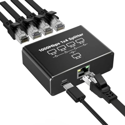 Bild av GlasFlength LAN splitter 1 till 4 000 Mbps Ethernet splitter, switch port med USB Type C strömkabel Gigabit för datorhubs switchar router set box digital TV et