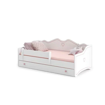 Bild av KOBI Lit Enfant EMMA 140x70 Blanc avec Rangement é Tiroir Petite Fille Lits pour Enfants Un Matelas et Cadre Meuble la Chambre Bebe Tänd Simple Barriere (Rosa)