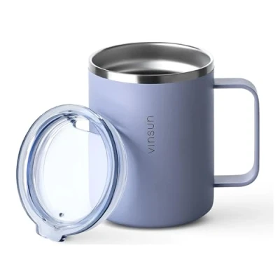 Bild av Vinsun Termosmugg med Handtag 350ml Kaffemugg to go, Drickmugg i Rostfritt Stål Transparent Lock Dryckesöppning Isoleringskopp för Resor, Utomhus, Camping