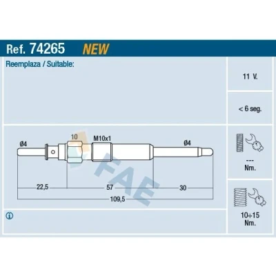 Bild av FAE 74265 Bougie de préchauffage 11V 10x1 OPEL: Zafira B, Astra H GTC, 3/5 portes, FIAT: Grande Punto BRAVO 2, Doblo I Break