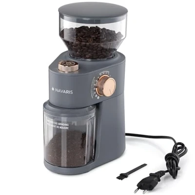 Bild av Navaris Elektrisk kaffekvarn i rostfritt stål 200 W professionell kvarn för 14 koppar bönkvarn med 18 grader matt grå roséguld