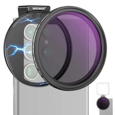 Bild av NEEWER 67 mm clip on variabel ND2 ND32 telefonlinsfilterkit, telefonklämma med magnetisk adapterring/kallsko /låsknopp, HD magnetiskt ND filter för iPhone 15 Pro Max 14 13 Galaxy S22 S23 S24 Ultra