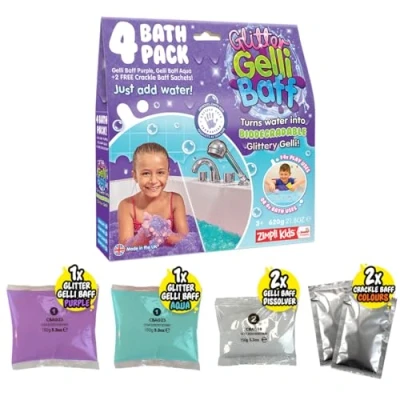 Bild av Zimpli Kids Glitter Gelli Baff Purple &amp; Aqua, 4 badvärdepaket, förvandlar magiskt vatten till tjock, färgglad gå, 2 x gratis sprakande baff, småbarn sensoriska leksaker för tuff bricka, konst