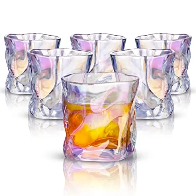Bild av NiHome Iriserande tvinnade whiskyglas i kristall 6 pack 8 oz handblåst blyfria gammaldags bar tumlare för Scotch Rum Bourbon cocktail