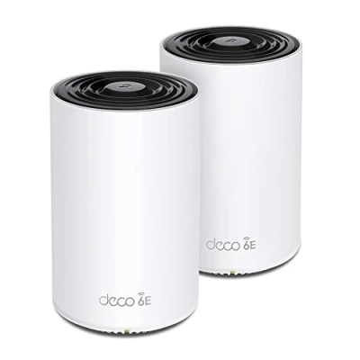 Bild av TP Link Deco XE75 Pro Wi Fi 6E Mesh WLAN set (2 pack), AXE5400 Tri band router och repeater, 2,5G port, räckvidd upp till 500 m², WPA3, perfekt för stora hus, kompatibel med Amazon Alexa, vit