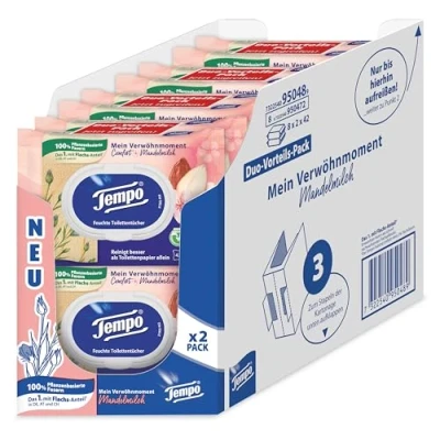 Bild av Tempo Toalettpapper fuktig mandelmjölk &amp; pantenol, 16 pack (8 x 2 42 stycken)