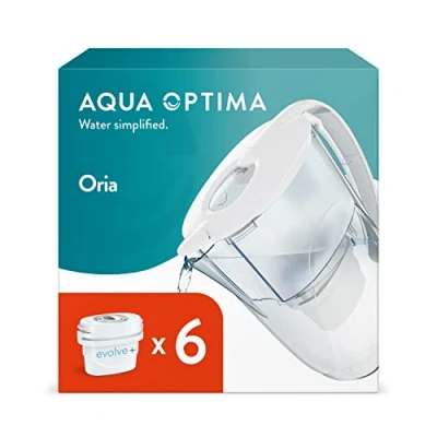 Bild av Aqua Optima Oria Vattenfilterkanna &amp; 6 x 30 Day Evolve+ filterpatron, 2,8 liters kapacitet, för reducering av mikroplast, klor, kalkavlagringar och föroreningar, vit (förpackningen kan variera)