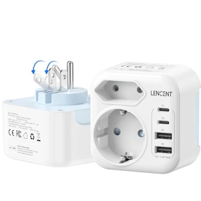 Bild av LENCENT Reseadapter, USA, tyskappapp, adapter typ B, vikbar resekontakt med 2 USB C &amp; A portar, EU Schuko till USA för American, Mexiko, Kanada, Thailand, Costa Rica uttag