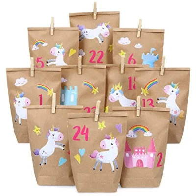 Bild av Papierdrachen DIY adventskalender i kraftpapper enhörningar att hålla fast vid med 24 bruna papperspåsar fylla själv och göra det jul 2021