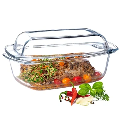 Bild av KADAX Grytform med lock och handtag, 5,1 l, rektangulär glasgryta av värmebeständigt glas, glasugnform, ugnsform för kött, lasagne, ugn