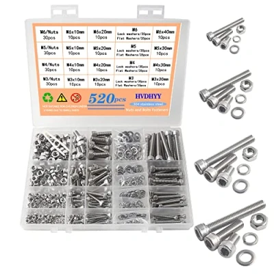 Bild av HVDHYY Set med skruvar och muttrar, M3/M4/M5/M6, topplocksskruvar insexkant, av rostfritt stål A2 70, muttrar brickor, sortimentset, Hex Socket Button, förvaringslåda, 520 st.