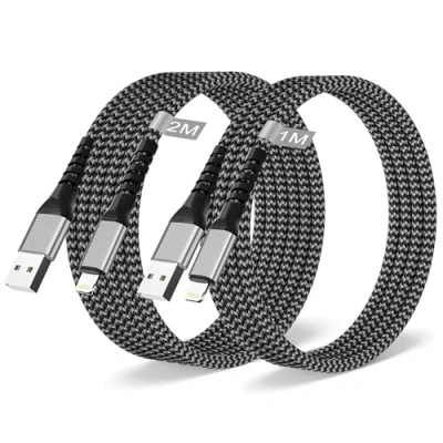 Bild av iPhone kabel, laddningskabel [1M+2M/pack med 2] MFi certifierad, nylonflätad USB Lightning snabb laddarkabel för 14/13/12/11/8/7/Pro Max/Plus/Plus/Mini/X/XS/XR/SE, iPad