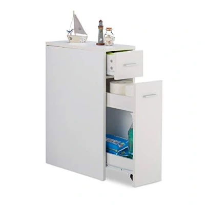 Bild av Relaxdays utdragbart förvaringsskåp, badrum och kök, 2 lådor, smal vagn, platsbesparande, HWD 61,5 x 20 45 cm, vit, PB, metall, plast, 1 pack