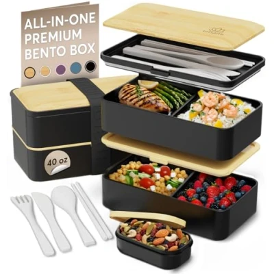 Bild av Umami Allt i ett bentolåda på 1 200 ml för vuxna med såsburk och 4 bestick, BPA fri lunchlåda män/kvinnor, 2 meal prep lådor mikrovågsugn, diskmaskin frys