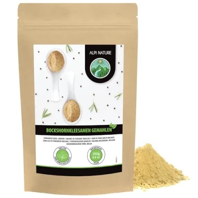 Bild av bockhornsklöver pulver (250g), marken bockhornsklöver, 100% naturligt, utsäde som ett pulver, inga tillsatser, vegan, frön