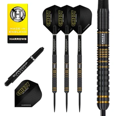 Bild av Harrows Dave Chisnall Chizzy Series 3 spelare dartset I professionella dartpilar 90 % volframstål alla vikter Pro DartsI10 st set med supergrepp kol midi axlar och signaturflygningar (23 g)