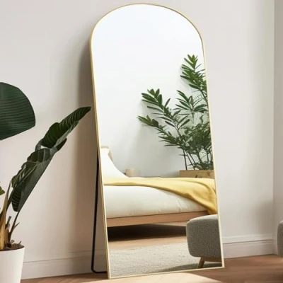 Bild av Melodieux Välvd, hellång, stor golvspegel med stativ, 180 x 76 cm, fristående helkroppsspegel, guldram, sminkspegel, hängande, lutande spegel, väggmonterad, för sovrum, vardagsrum