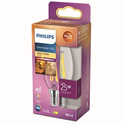 Bild av PHILIPS LED classic 25W, B35, E14, Klart glas, filamentljuskälla, WarmGlow 2200 2700 Kelvin, Dimbar, Varm Vit, 929003011901
