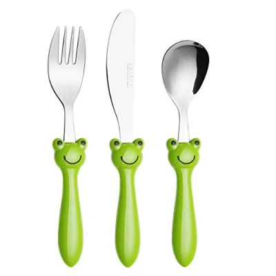 Bild av Exzact barnbestick i rostfritt stål 3st set/barnbestick/bestick för småbarn/bestick 1 x gaffel, säker middagskniv, middagssked (groda 3)
