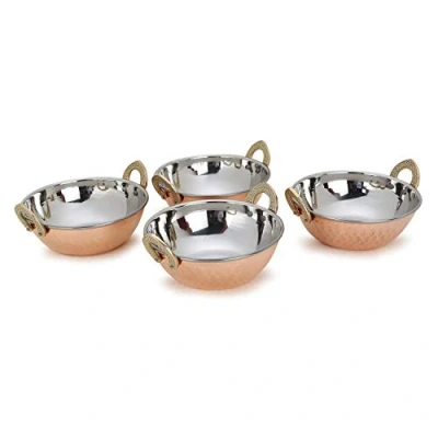 Bild av Zap Impex indisk serveringsskål koppar hamrat rostfritt stål karahi för indiska rätter och curry 4 delars set, 15 cm diameter, silver, 43235 173346