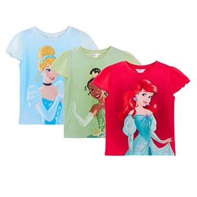 Bild av Disney Flickor 3 pack prinsessa t shirts barn Ariel den lilla sjöjungfrun, Tiana och Askungen utklädnad topp kortärmade shirts, Röd/blå/grön, 4 5 År
