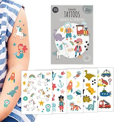 Bild av Hudvänliga barntatueringar att klistra på motiv med fantasi och upptäcktsresande, barntatueringsset 5 ark, tatueringar barn, 100 % vegansk tillverkad i Österrike, JEKA