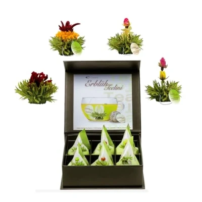 Bild av Creano 6 teblommor presentförpackning grönt te blommande teelini i ädel magnetisk låda med silverprägling 4 olika sorter julklapp