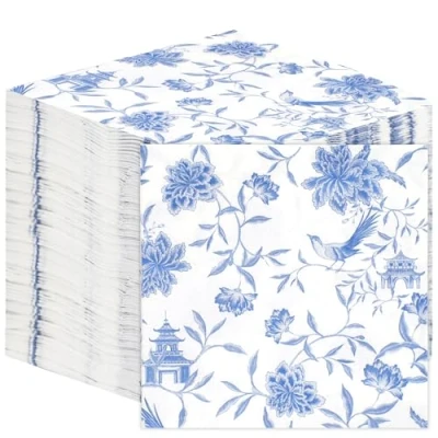 Bild av Talking Tables 100 x Chinoiserie blå mjuka pappersservetter i bulk paket för födelsedag, bröllop, jul, catering, porslin, engångsbruk, återvinningsbar, tillverkad EU, 2 lager, 33 cm