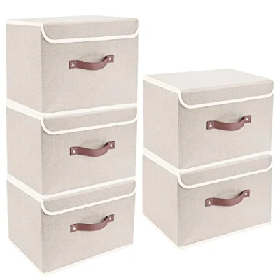 Bild av TYEERS Vikbar Förvaringslåda med Lock, Tvättbart, Tyglåda, 38x25x25 cm, Set om 5, Beige