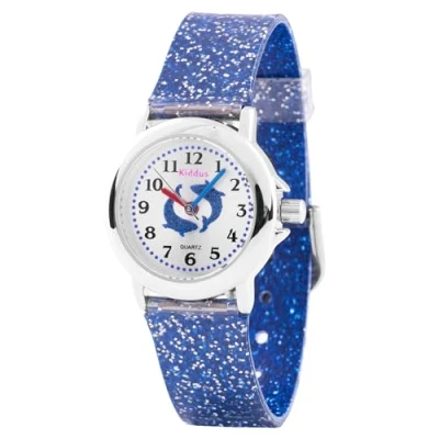 Bild av Kiddus Klocka Flicka med Glitter. Analog övningar för att lära sig klockan. Barnklocka, lätt läsa. Armbandsklocka från 4 år. Valar, blå koppel.