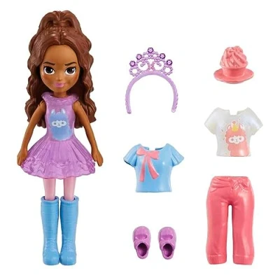 Bild av Polly Pocket Flame Shimmer Fashion Pack Game Set innehåller en docka, extra kläder och tillbehör för flickor från 4 år äldre