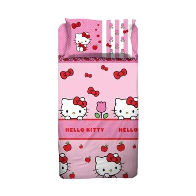 Bild av hermet Hello Kitty Lakan för enkelsäng, set överlakan med hörn, örngott, rosa, 100% bomull, officiell produkt