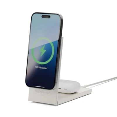 Bild av Native Union Rise 2 i 1, magnetisk trådlös laddare Qi2 certifierad och MagSafe kompatibel 15 W snabbladdande, vikbart laddningsstativ för iPhone 16/15/14/13 med dyna AirPods Pro