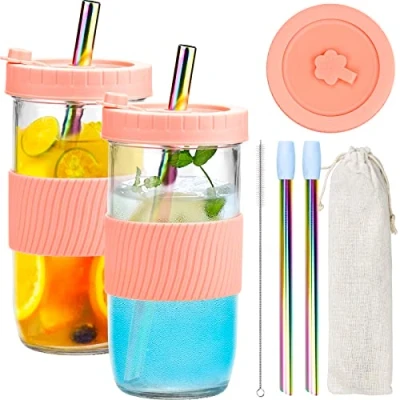 Bild av IYInJuan Uppsättning av 2 dricksglas med stänksäkert lock och sugrör, återanvändbara konserveringsburkar dryckesbägare bubble temugg mason burk glas för drycker smoothie mugg cocktailglas kopp, 730 ml